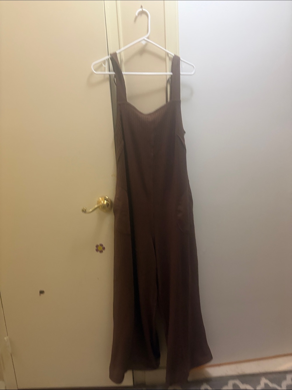 Womens Brown Ribbed Wide-Leg Jumpsuit